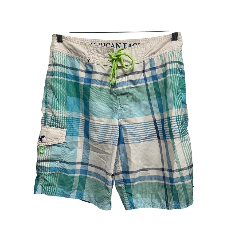 American Eagle Outfitters Mens Plaid Board Shorts Blue‎ Green Size Medium M